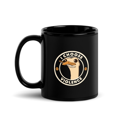 Product A cartoonish emu with large, expressive eyes holds a knife in its beak, suggesting a humorous and ironic menacing look. The image is framed by two circles, with the text 'I CHOOSE VIOLENCE' around the inner circle. Two small skull icons are placed on either side below the text.
