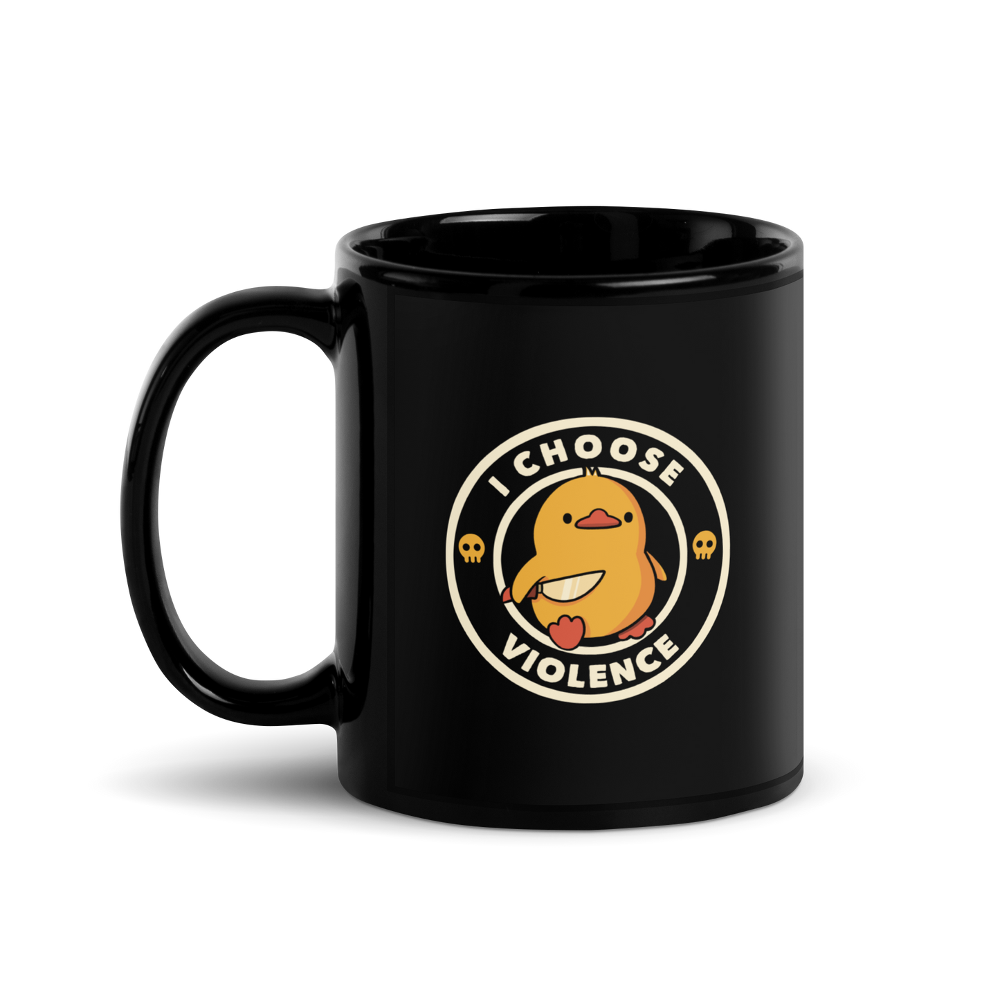 A cute, cartoon-style yellow duckling stands confidently holding a large knife in its wing. The duckling is encircled by text saying 'I CHOOSE VIOLENCE' in bold white letters. Small skull symbols flank the chick on either side, adding a touch of humor and irony to the otherwise adorable drawing.