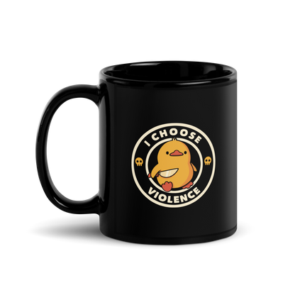 A cute, cartoon-style yellow duckling stands confidently holding a large knife in its wing. The duckling is encircled by text saying 'I CHOOSE VIOLENCE' in bold white letters. Small skull symbols flank the chick on either side, adding a touch of humor and irony to the otherwise adorable drawing.