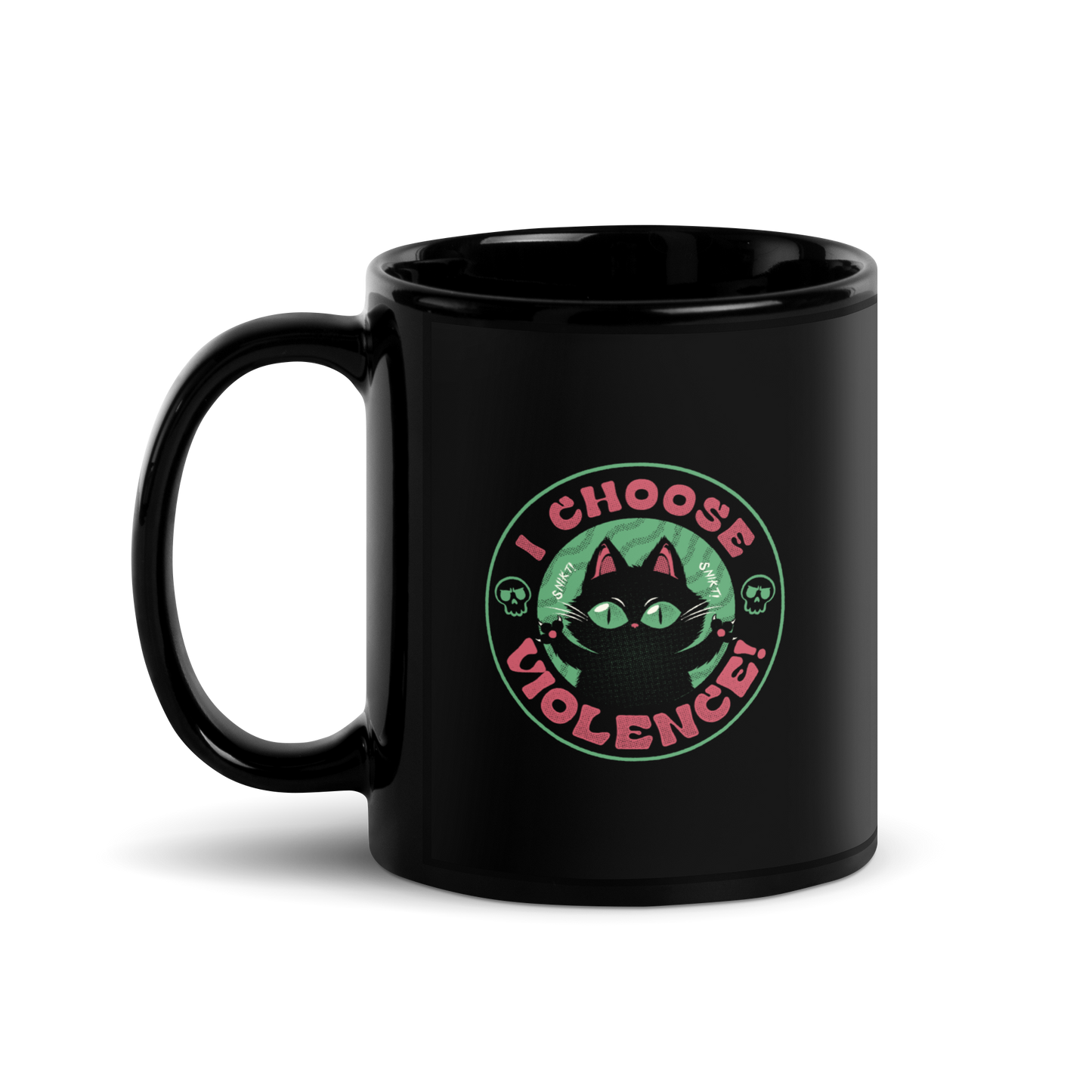 The image features a black cartoon-like cat with large, bright eyes and pointed ears, with a defiant look on its face. The cat is centered within a circular border. Surrounding the cat, the text reads 'I CHOOSE VIOLENCE!' in bold, playful font. There are also small skull illustrations flanking the cat on either side, adding a dark yet humorous tone to the design.