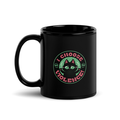 The image features a black cartoon-like cat with large, bright eyes and pointed ears, with a defiant look on its face. The cat is centered within a circular border. Surrounding the cat, the text reads 'I CHOOSE VIOLENCE!' in bold, playful font. There are also small skull illustrations flanking the cat on either side, adding a dark yet humorous tone to the design.