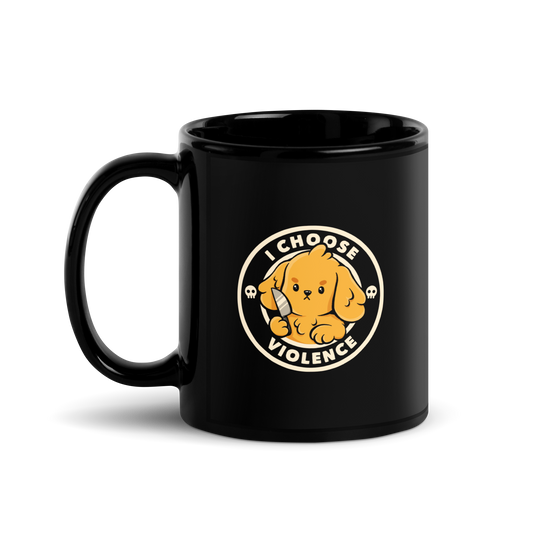 A cute yellow cartoon dog holds a small knife, surrounded by a circular logo that reads 'I Choose Violence'. The dog's expression is serious, yet the overall style is playful and cute. Two small skull icons are on either side, adding an ironic tone to the cheerful design.
