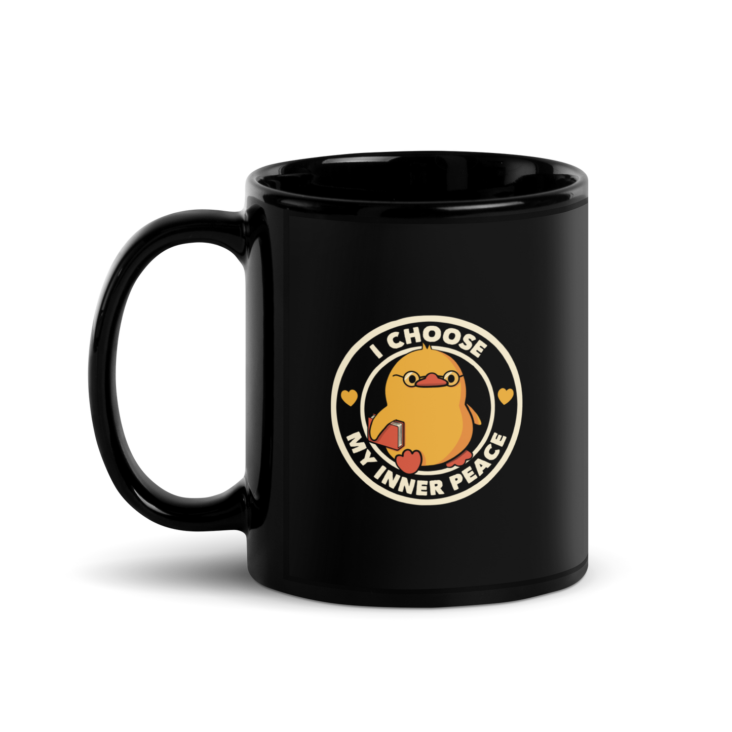 A cute yellow bird with a small tuft of feathers on its head is wearing round glasses and holding a red book. The bird has a determined expression. The image is encircled by the phrase 'I CHOOSE MY INNER PEACE' with two small hearts on each side.