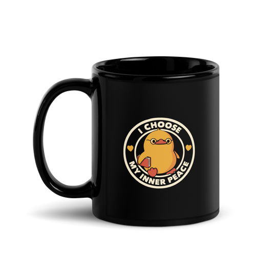 A cute yellow bird with a small tuft of feathers on its head is wearing round glasses and holding a red book. The bird has a determined expression. The image is encircled by the phrase 'I CHOOSE MY INNER PEACE' with two small hearts on each side.