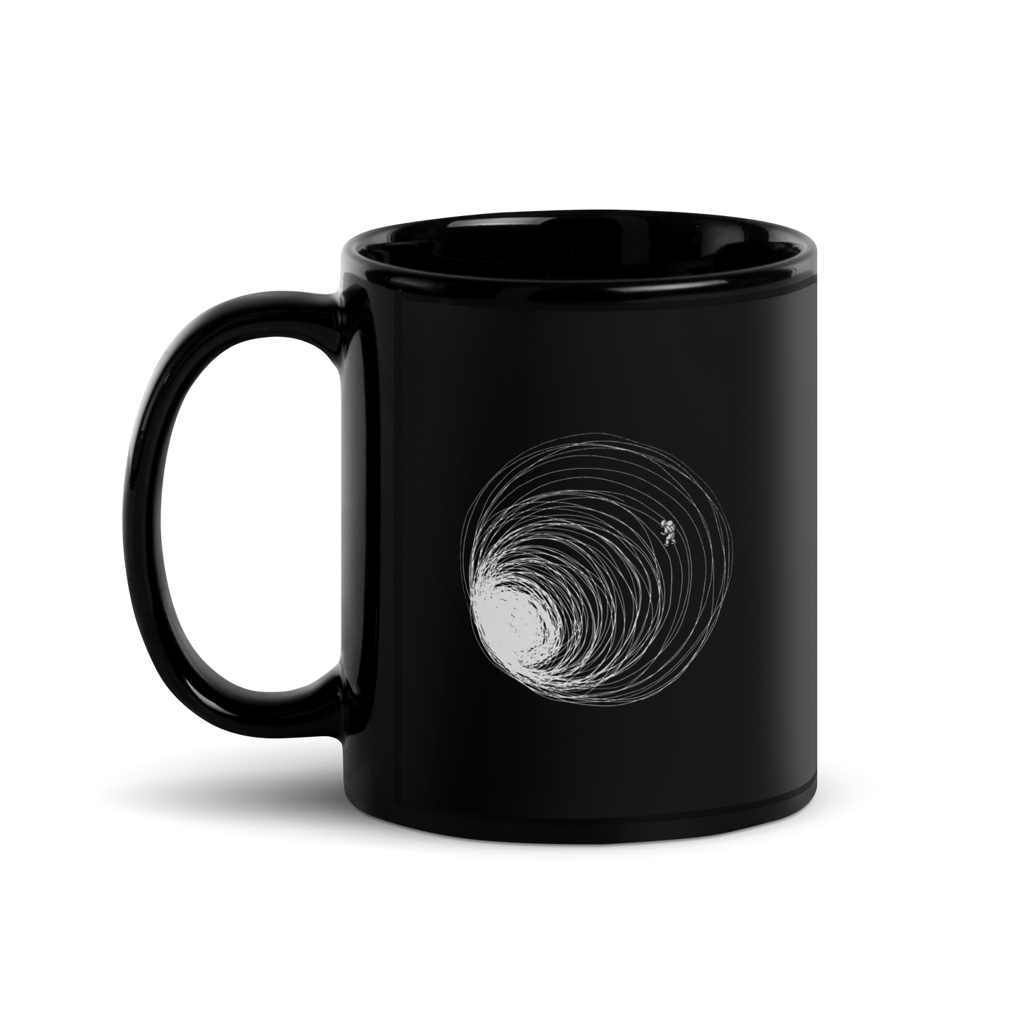 A big black hole with an astronaut floating around as if being sucked into it. A minimalist art perfect for those who love space.