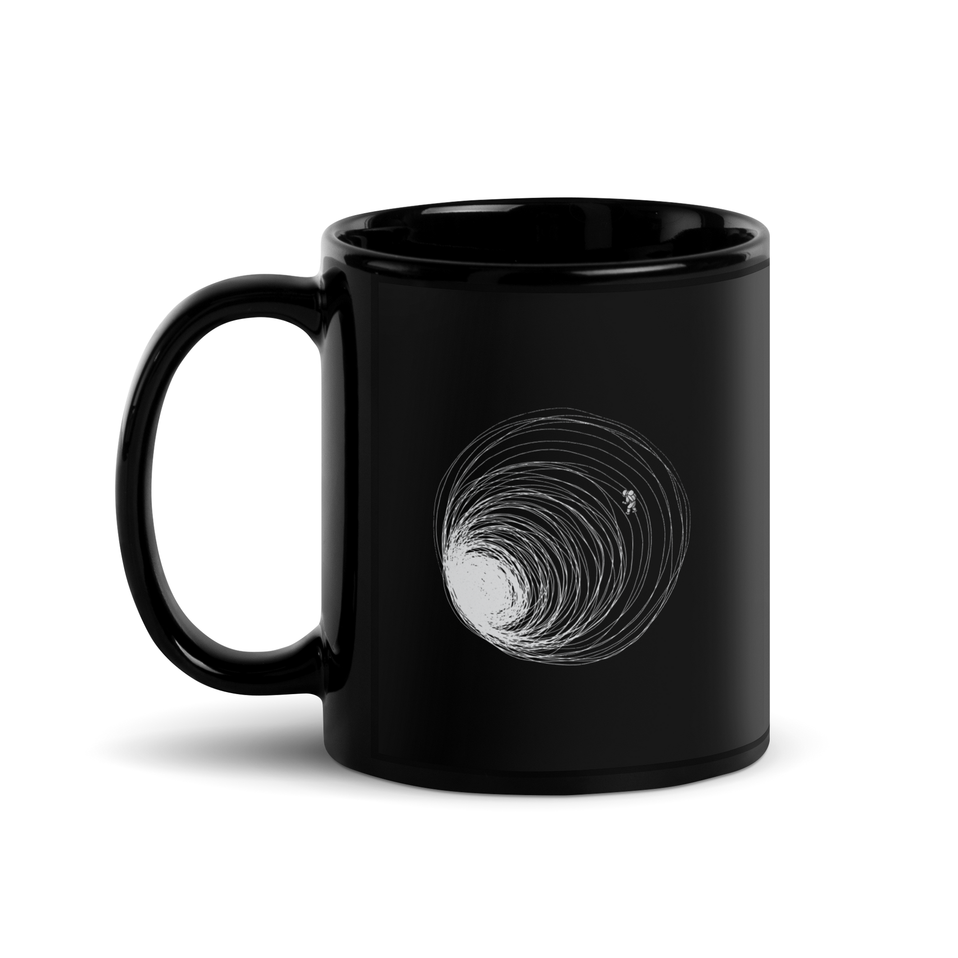 A big black hole with an astronaut floating around as if being sucked into it. A minimalist art perfect for those who love space.