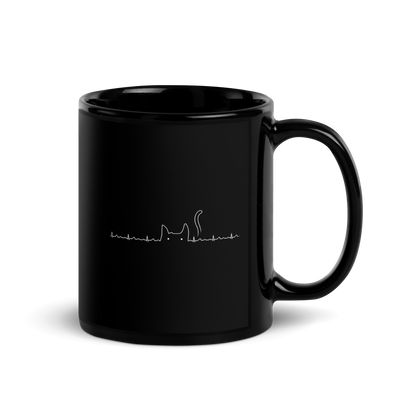 The drawing has a black background with a continuous white line depicting an electrocardiogram. Midway through, the line morphs into the minimalist outline of a cat's head with pointed ears and a tail, with two small white dots representing its eyes. The drawing creatively combines the elements of a heartbeat line and a simple cat illustration.