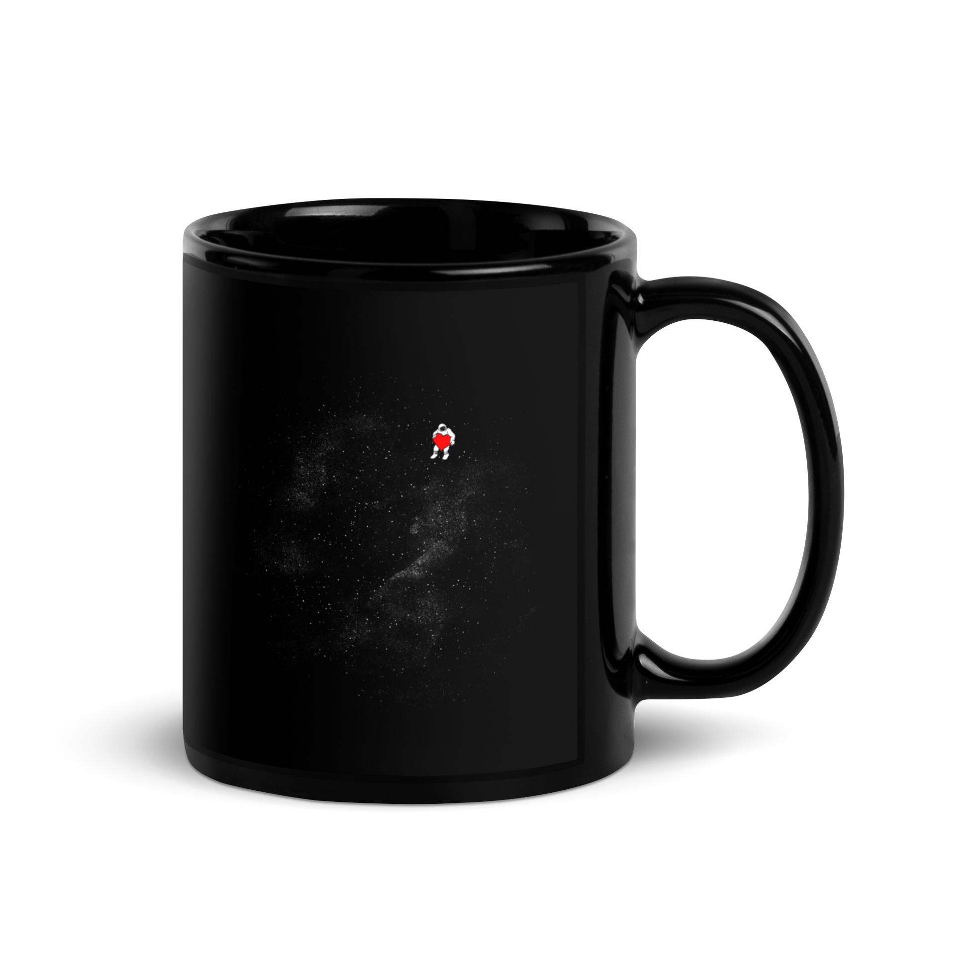 The image depicts a lone astronaut floating in outer space, seemingly sitting on nothing while holding a large, bright red heart. The background is a starry expanse of black, suggesting the vastness and cold emptiness of space. The stark contrast between the dark space and the vibrant heart symbolizes love and loneliness in the cosmos.