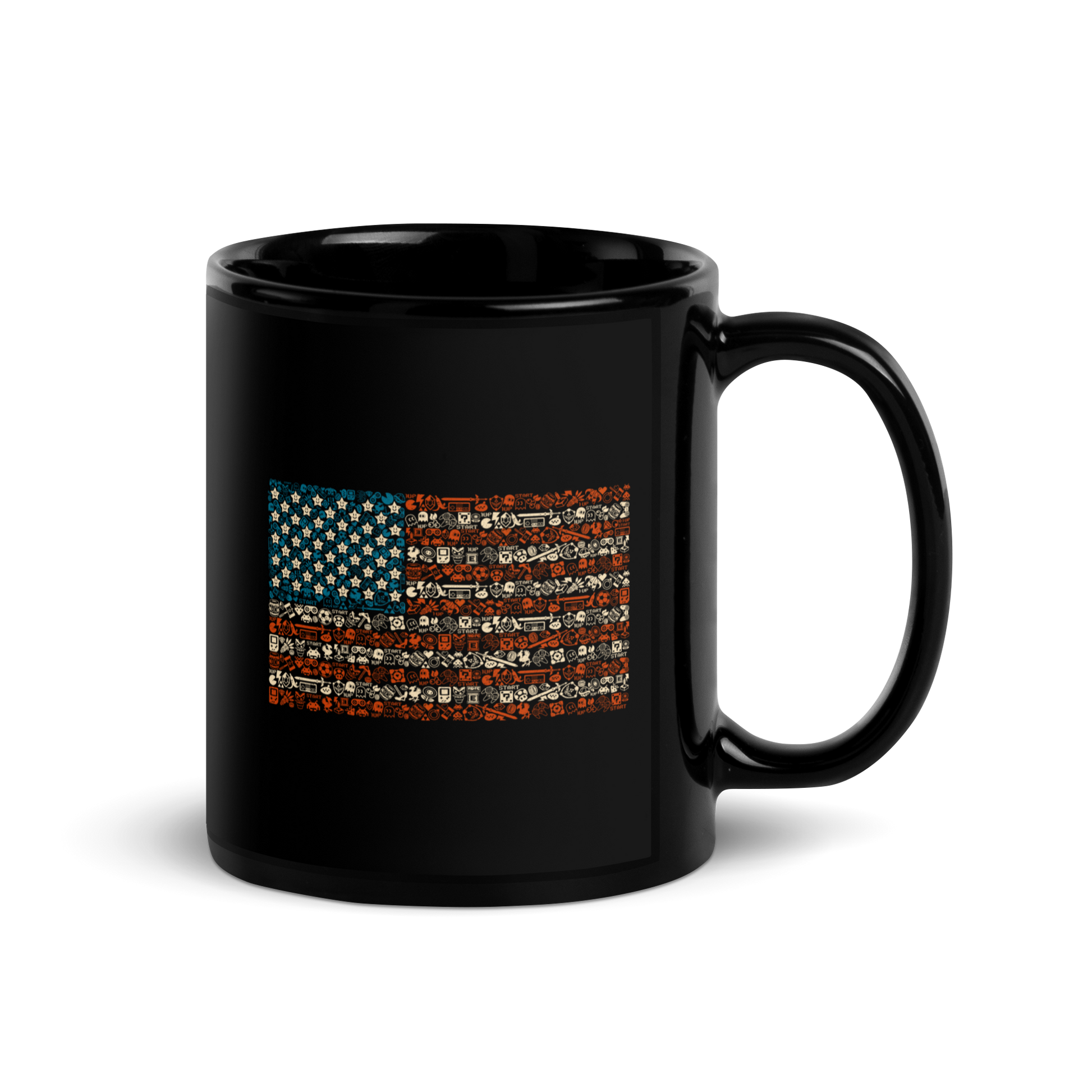 American flag illustration made entirely of retro video game icons, controllers, characters, and symbols in blue, red, and beige, arranged to form the stars and stripes.