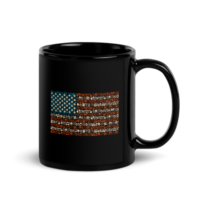 American flag illustration made entirely of retro video game icons, controllers, characters, and symbols in blue, red, and beige, arranged to form the stars and stripes.