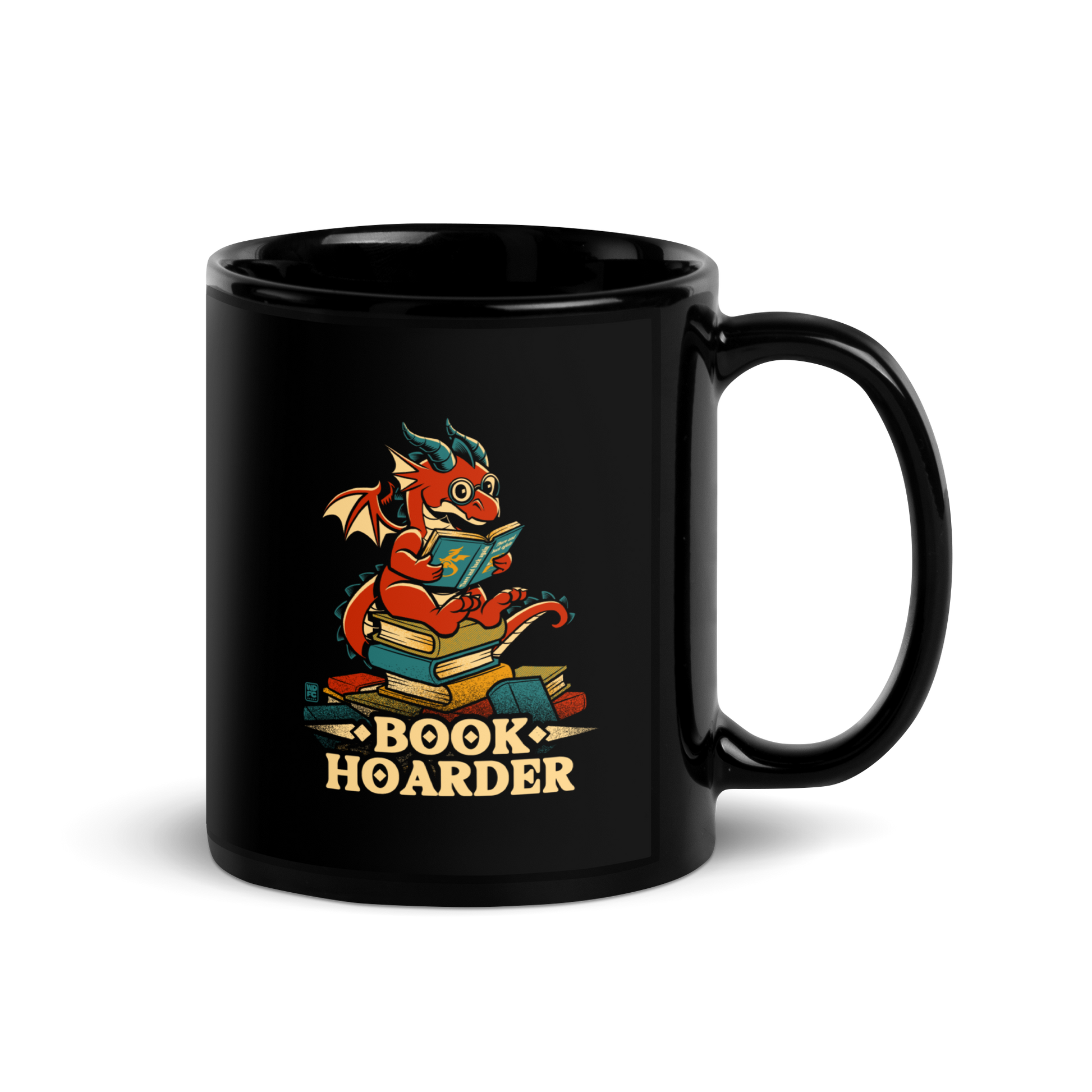 Perched atop his treasure trove of books, this red nerdy dragon is ready to devour epic adventures, magic tales, and fantasy worlds. The words 'BOOK HOARDER' are placed at the bottom of the design.