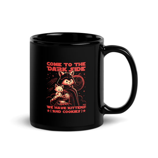 This fun and nerdy design, encircled by the phrase 'COME TO THE DARK SIDE, WE  HAVE KITTENS AND COOKIES', features a feline twist on sci-fi villains, perfect for cat lovers, space fans, and cookie enthusiasts.