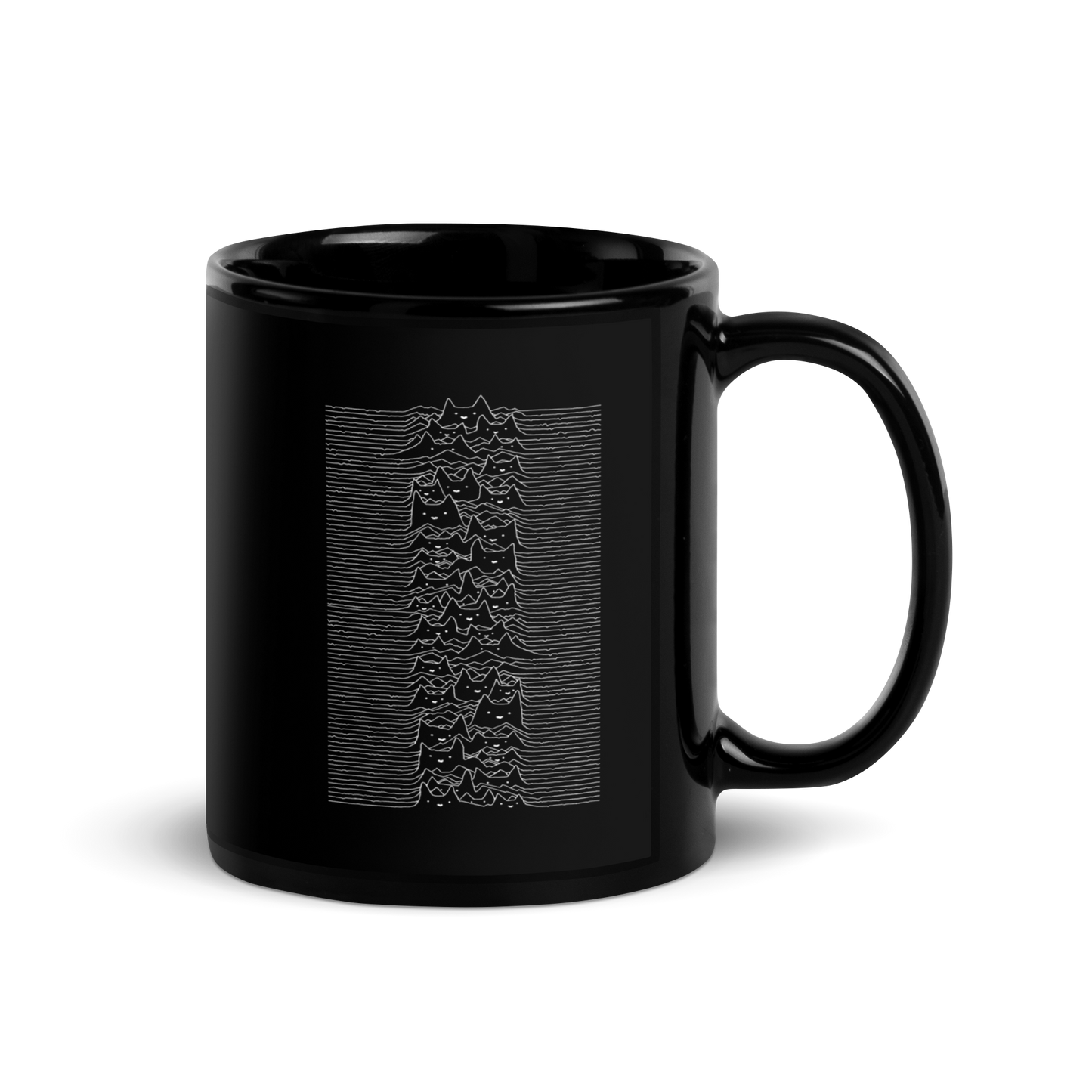 The drawing is a series of continuous wavy lines forming a pattern reminiscent of sound waves or topographic maps, but with an unexpected twist: the lines create the shapes of numerous cat faces stacked vertically. Each cat has simple, expressive features with pointed ears, adding a whimsical element to the otherwise structured pattern.