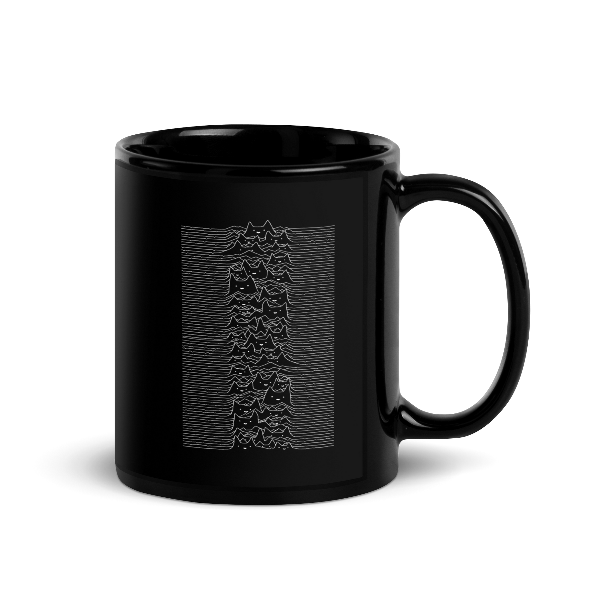 The drawing is a series of continuous wavy lines forming a pattern reminiscent of sound waves or topographic maps, but with an unexpected twist: the lines create the shapes of numerous cat faces stacked vertically. Each cat has simple, expressive features with pointed ears, adding a whimsical element to the otherwise structured pattern.