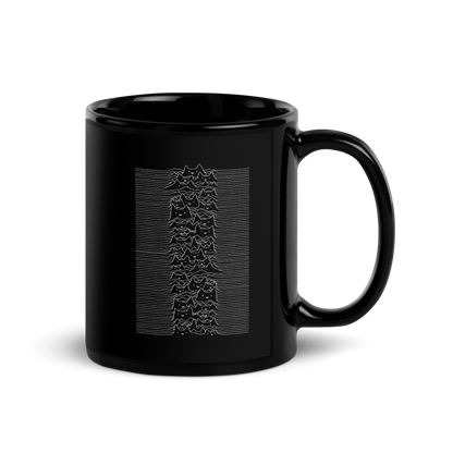 The drawing is a series of continuous wavy lines forming a pattern reminiscent of sound waves or topographic maps, but with an unexpected twist: the lines create the shapes of numerous cat faces stacked vertically. Each cat has simple, expressive features with pointed ears, adding a whimsical element to the otherwise structured pattern.