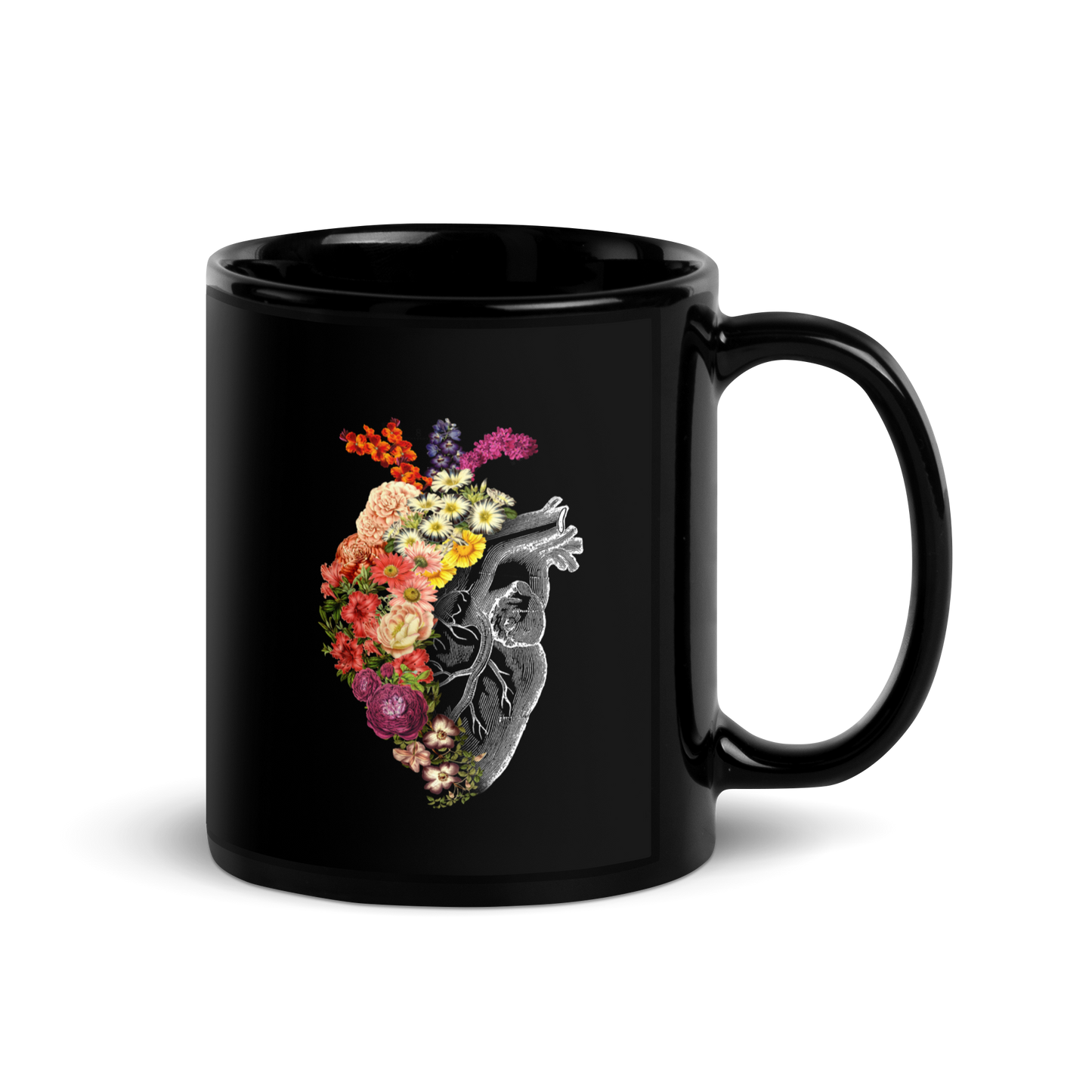The design is an intricate and anatomical drawing of a human heart on a black background. The left side of the heart morphs into a vibrant assortment of colorful flowers, including roses, daisies, and other blooming blossoms, creating a striking contrast between the realistic and the surreal, symbolizing the harmony between nature and humanity.