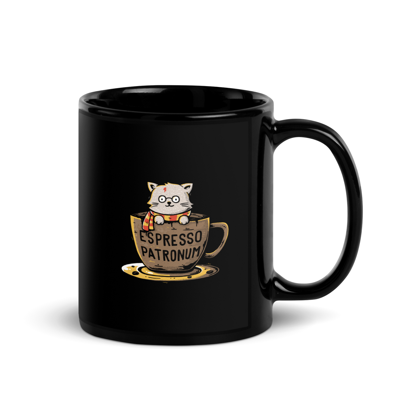 This design features an adorable cartoon cat with glasses and a lightning-shaped scar, wearing a striped scarf, sitting inside a large coffee cup. The cup has the humorous phrase 'Espresso Patronum' printed on it. The overall style is whimsical and playful, blending cute and nerdy elements. The cat appears to be a parody of a popular fictional character associated with magic and wizardry.