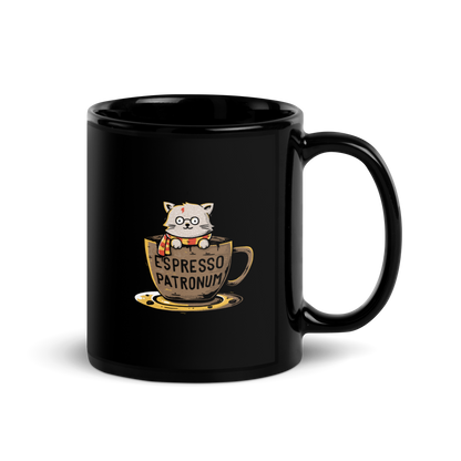 This design features an adorable cartoon cat with glasses and a lightning-shaped scar, wearing a striped scarf, sitting inside a large coffee cup. The cup has the humorous phrase 'Espresso Patronum' printed on it. The overall style is whimsical and playful, blending cute and nerdy elements. The cat appears to be a parody of a popular fictional character associated with magic and wizardry.