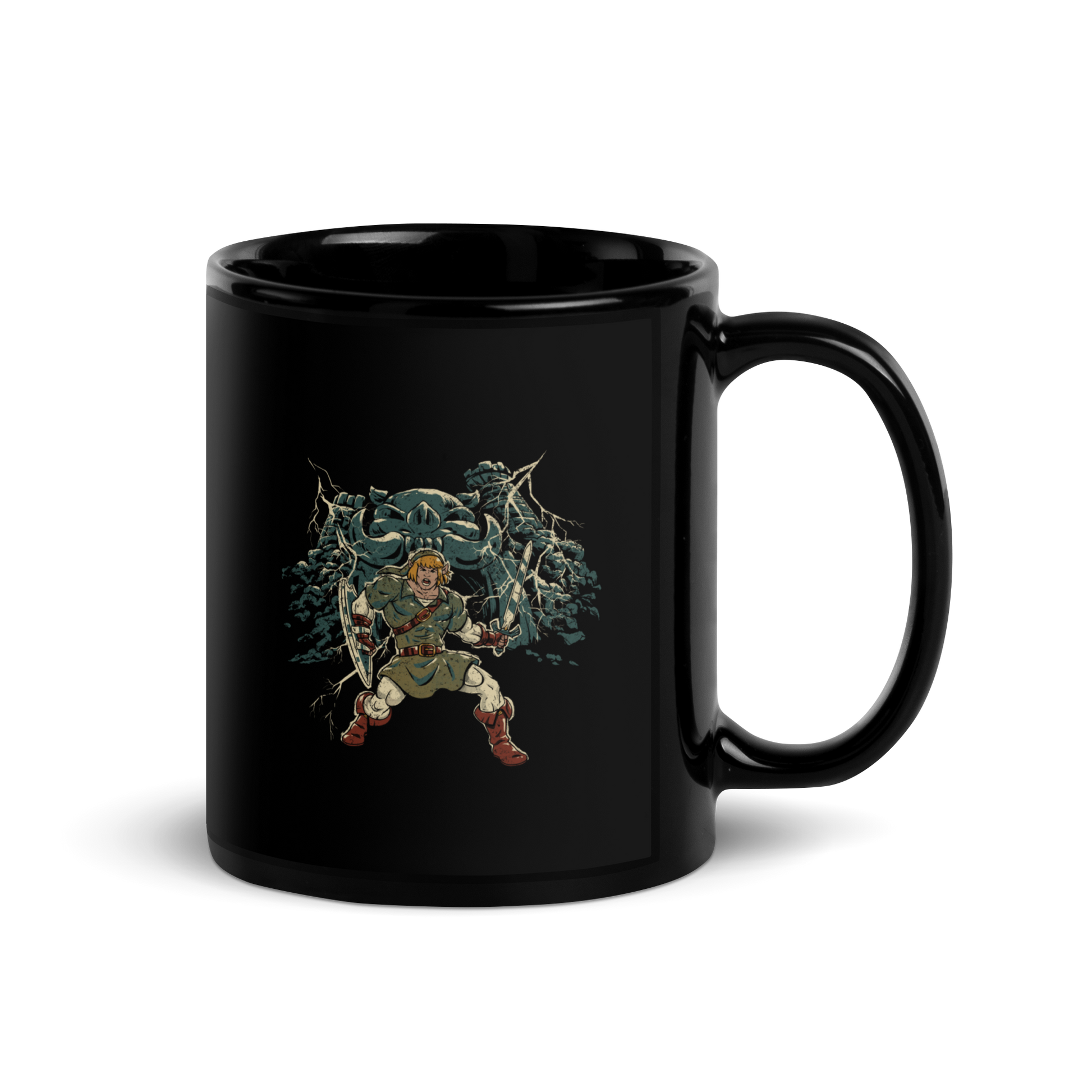 A fierce warrior stands with sword and shield, lightning cracking behind him as he screams in defiance — mixing classic fantasy aesthetics with retro game frustration.