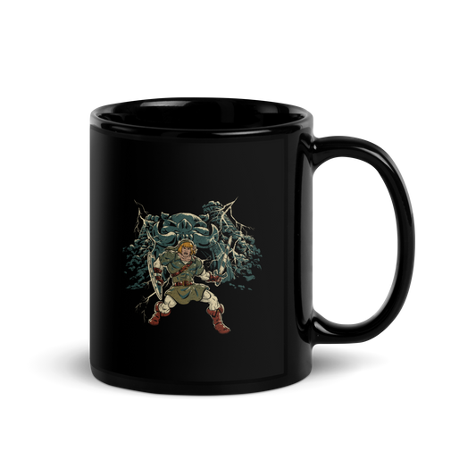 A fierce warrior stands with sword and shield, lightning cracking behind him as he screams in defiance — mixing classic fantasy aesthetics with retro game frustration.