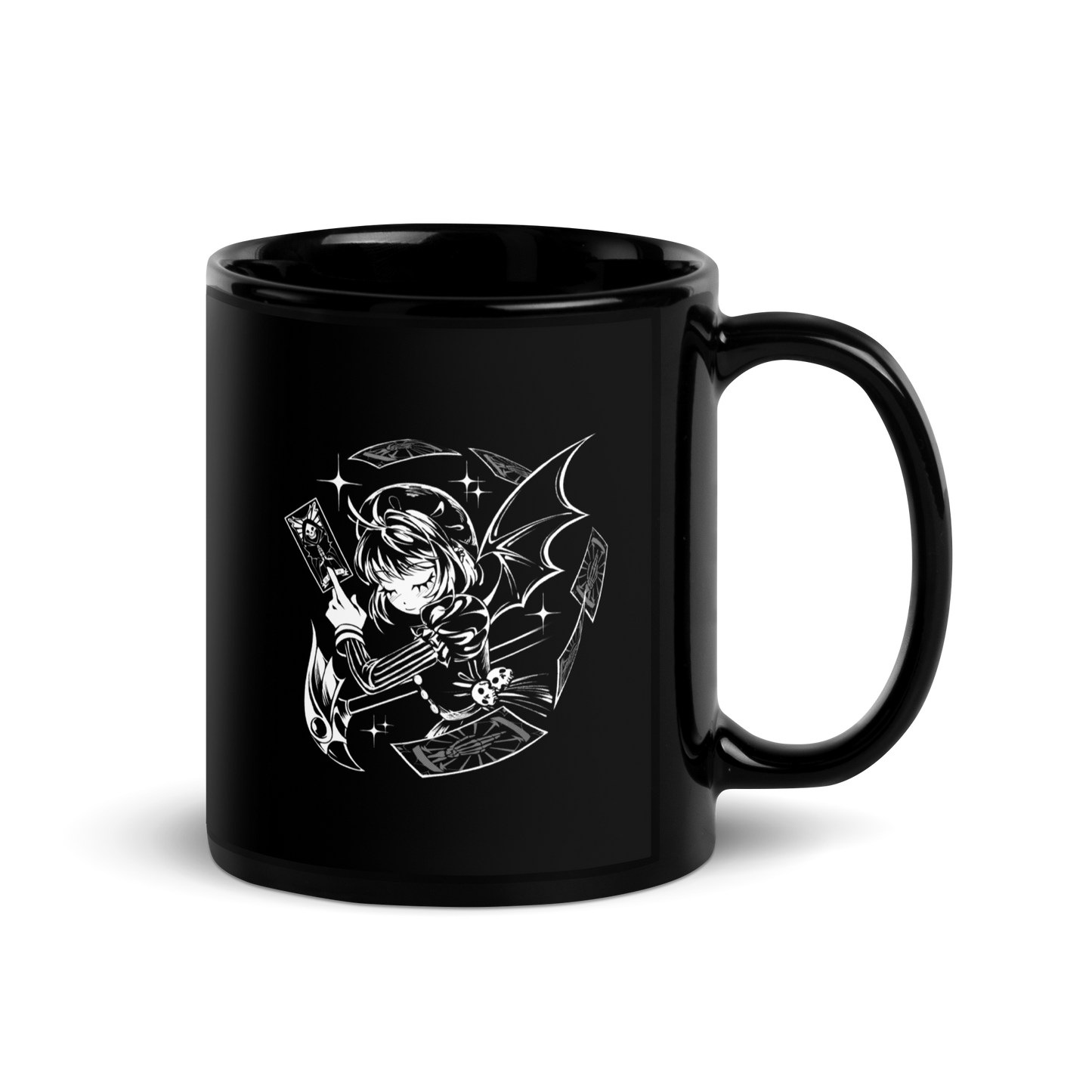 Black-and-white illustration of a gothic anime-style girl with bat wings, holding a magical card while floating cards swirl around her, along with sparkles and a stylized scepter.