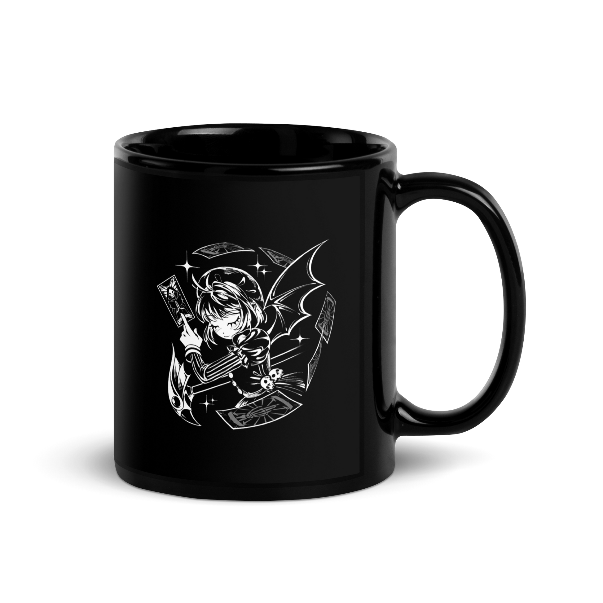 Black-and-white illustration of a gothic anime-style girl with bat wings, holding a magical card while floating cards swirl around her, along with sparkles and a stylized scepter.