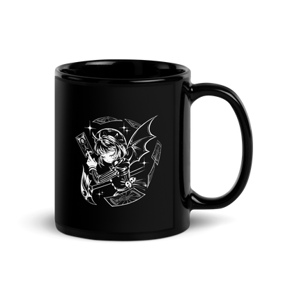 Black-and-white illustration of a gothic anime-style girl with bat wings, holding a magical card while floating cards swirl around her, along with sparkles and a stylized scepter.