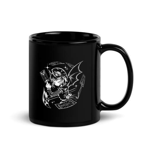 Black-and-white illustration of a gothic anime-style girl with bat wings, holding a magical card while floating cards swirl around her, along with sparkles and a stylized scepter.