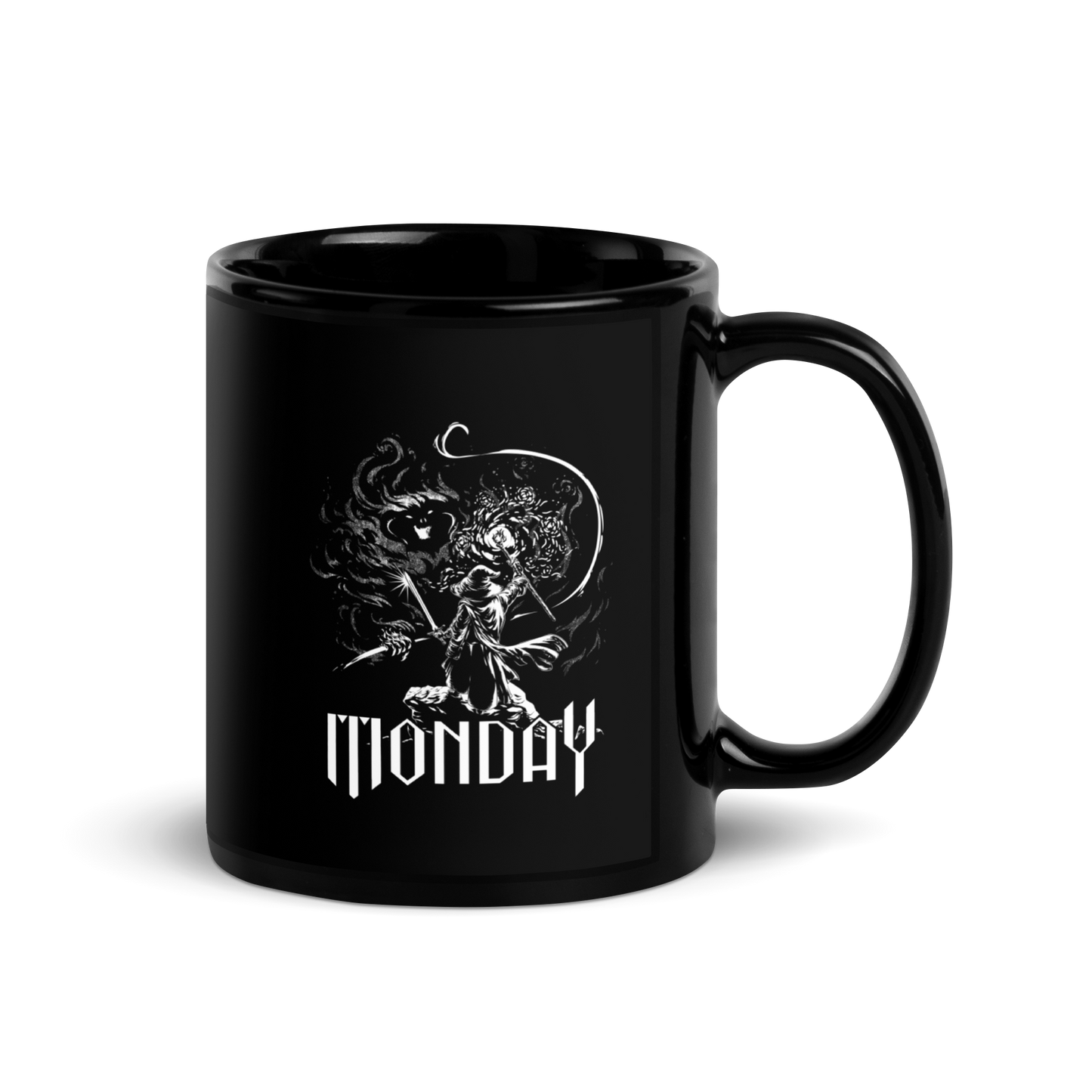 A white fantasy-style illustration showing a wizard standing on a rock, wielding a staff and sword, casting a spell toward a swirling dark, smoky monster with glowing eyes and mouth. The word “MONDAY” appears in large, bold, gothic letters at the bottom, symbolizing the wizard battling the chaos of Monday.