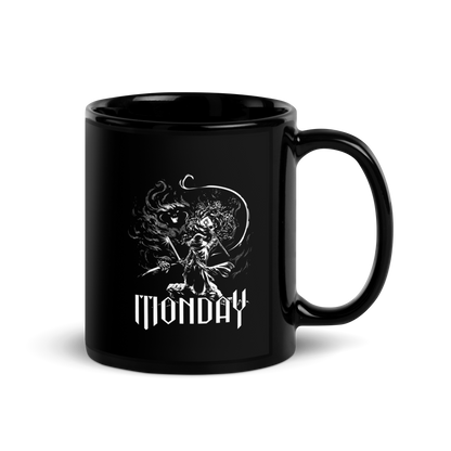 A white fantasy-style illustration showing a wizard standing on a rock, wielding a staff and sword, casting a spell toward a swirling dark, smoky monster with glowing eyes and mouth. The word “MONDAY” appears in large, bold, gothic letters at the bottom, symbolizing the wizard battling the chaos of Monday.