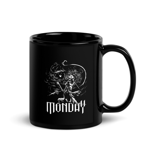 A white fantasy-style illustration showing a wizard standing on a rock, wielding a staff and sword, casting a spell toward a swirling dark, smoky monster with glowing eyes and mouth. The word “MONDAY” appears in large, bold, gothic letters at the bottom, symbolizing the wizard battling the chaos of Monday.
