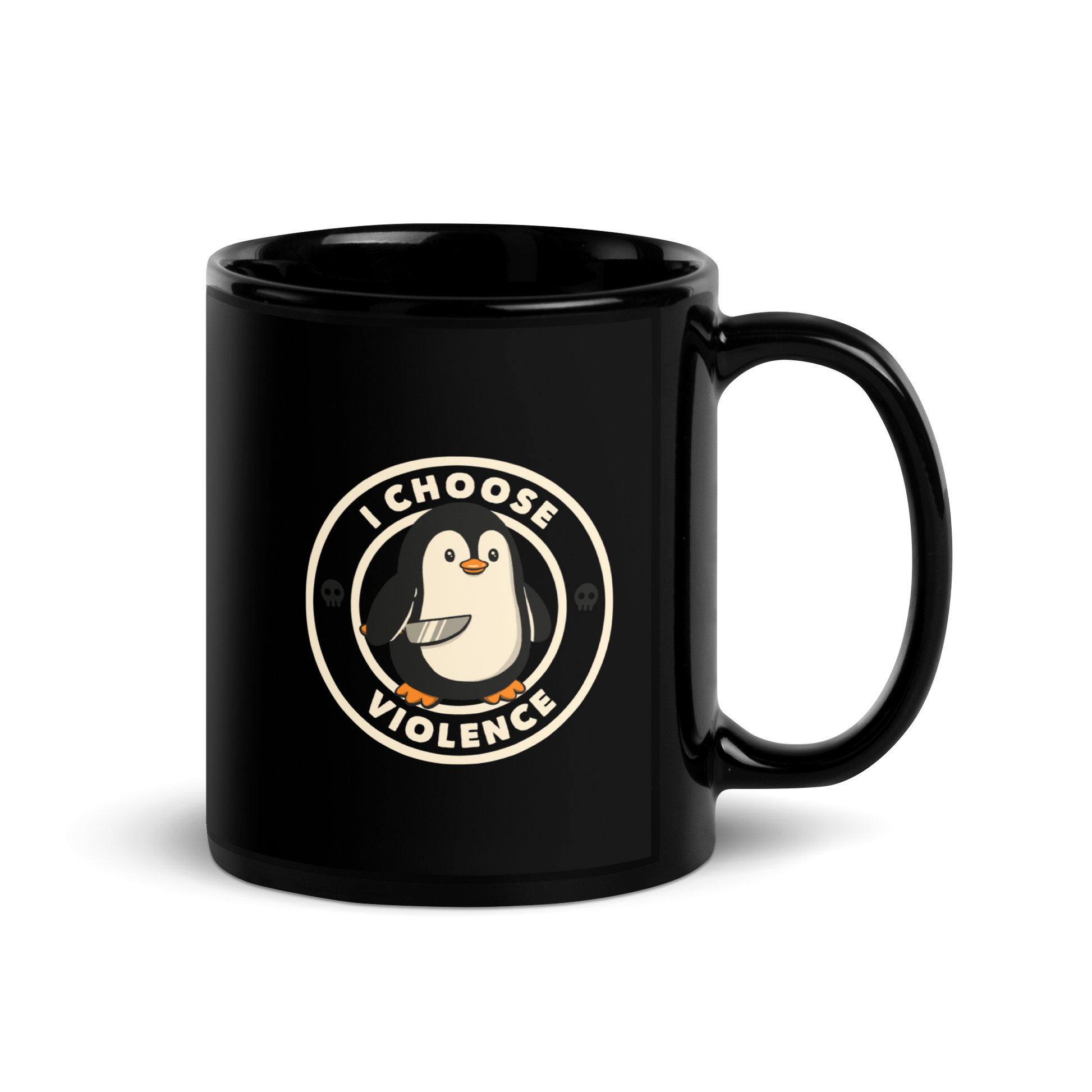 A cute cartoon penguin holding a knife stands in the center of a circular emblem. Surrounding the penguin are the words 'I CHOOSE VIOLENCE' with two small skull icons on both sides. The design is playful yet ironic, blending adorableness with a hint of dark humor.