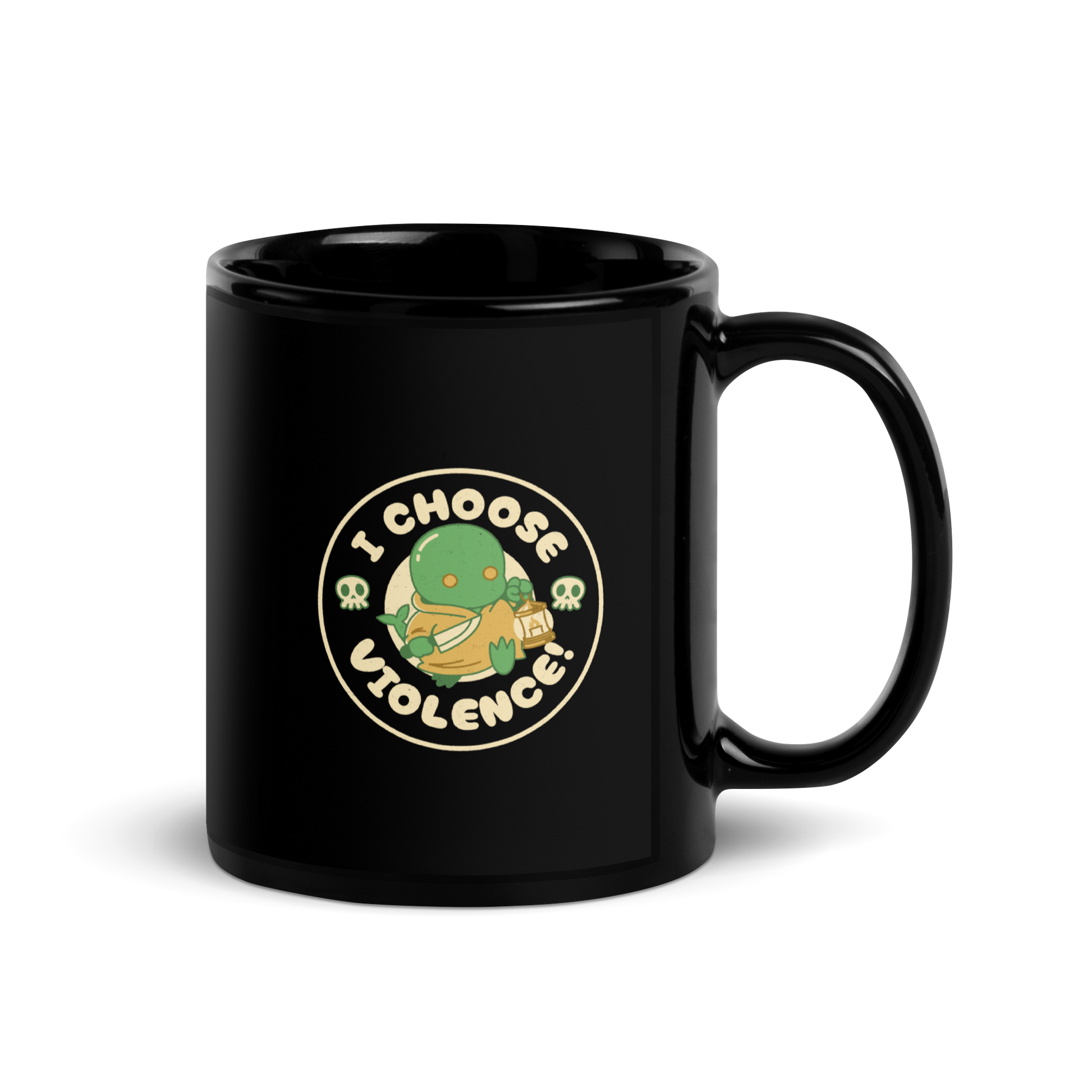 Cute green fantasy creature holding a lantern and a small weapon, surrounded by skull icons and the bold phrase “I Choose Violence!” in a circular badge-style design.