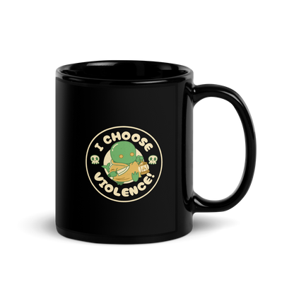 Cute green fantasy creature holding a lantern and a small weapon, surrounded by skull icons and the bold phrase “I Choose Violence!” in a circular badge-style design.
