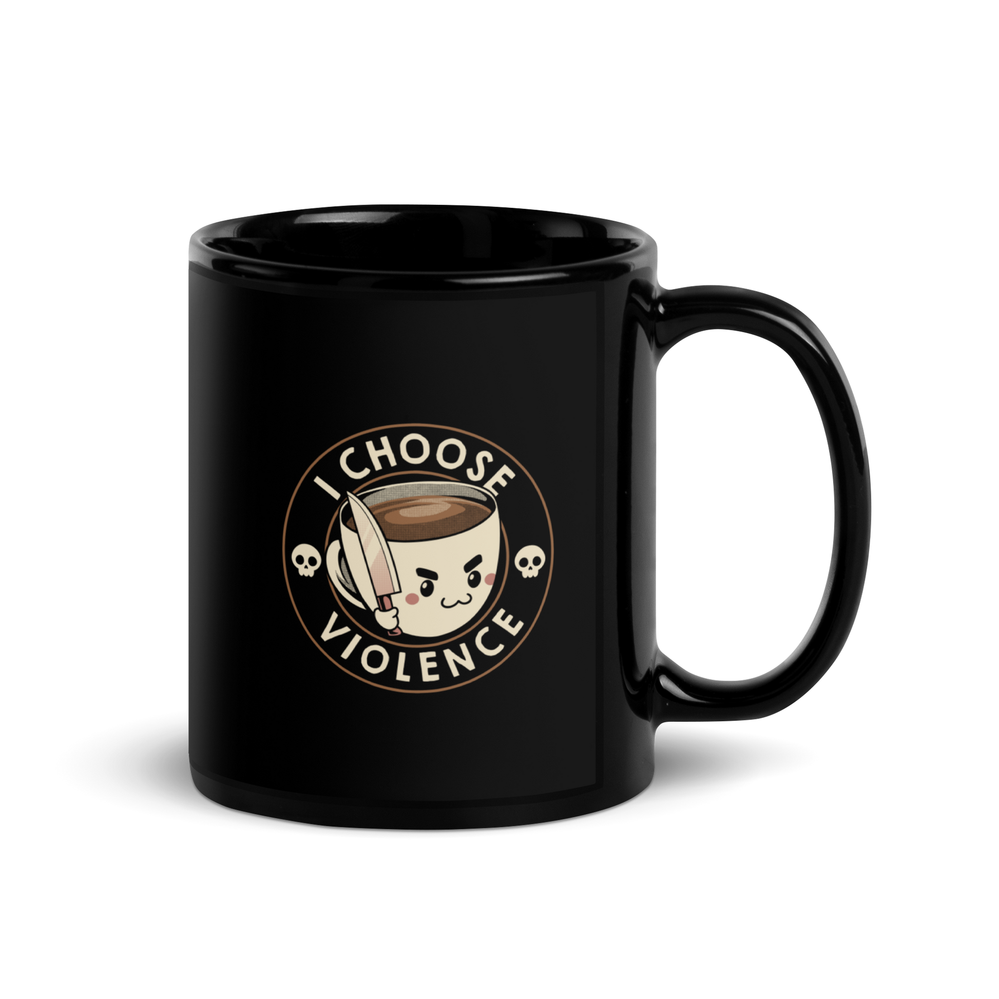 This image features a cute, cartoonish white coffee cup filled with coffee, with a determined facial expression, holding a sharp knife. The cup is framed by the circular text 'I CHOOSE VIOLENCE' in bold letters. On either side of the cup, there are small, white skull icons, adding a humorous yet dark twist to the design.