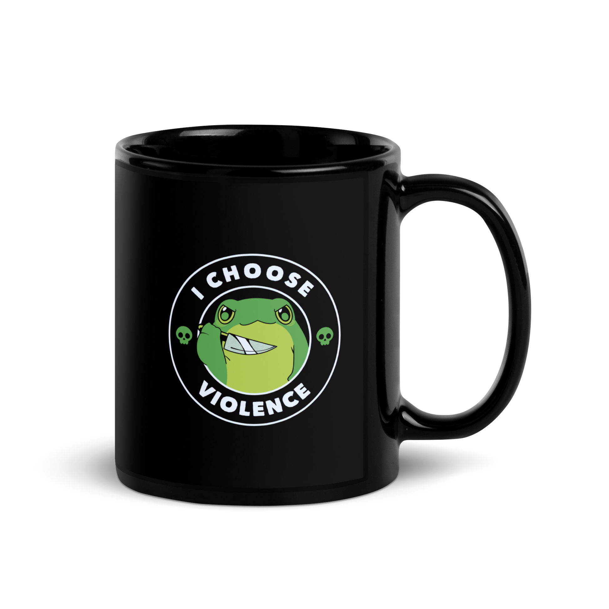 A charming, cartoon-style green frog holds a knife in its hand with a playful yet fierce expression. Encircled by bold text, 'I CHOOSE VIOLENCE,' the design mixes humor with an edge. Two small skulls flank the frog, adding a quirky, rebellious touch to the image. The overall effect balances cuteness and irony in a memorable way.