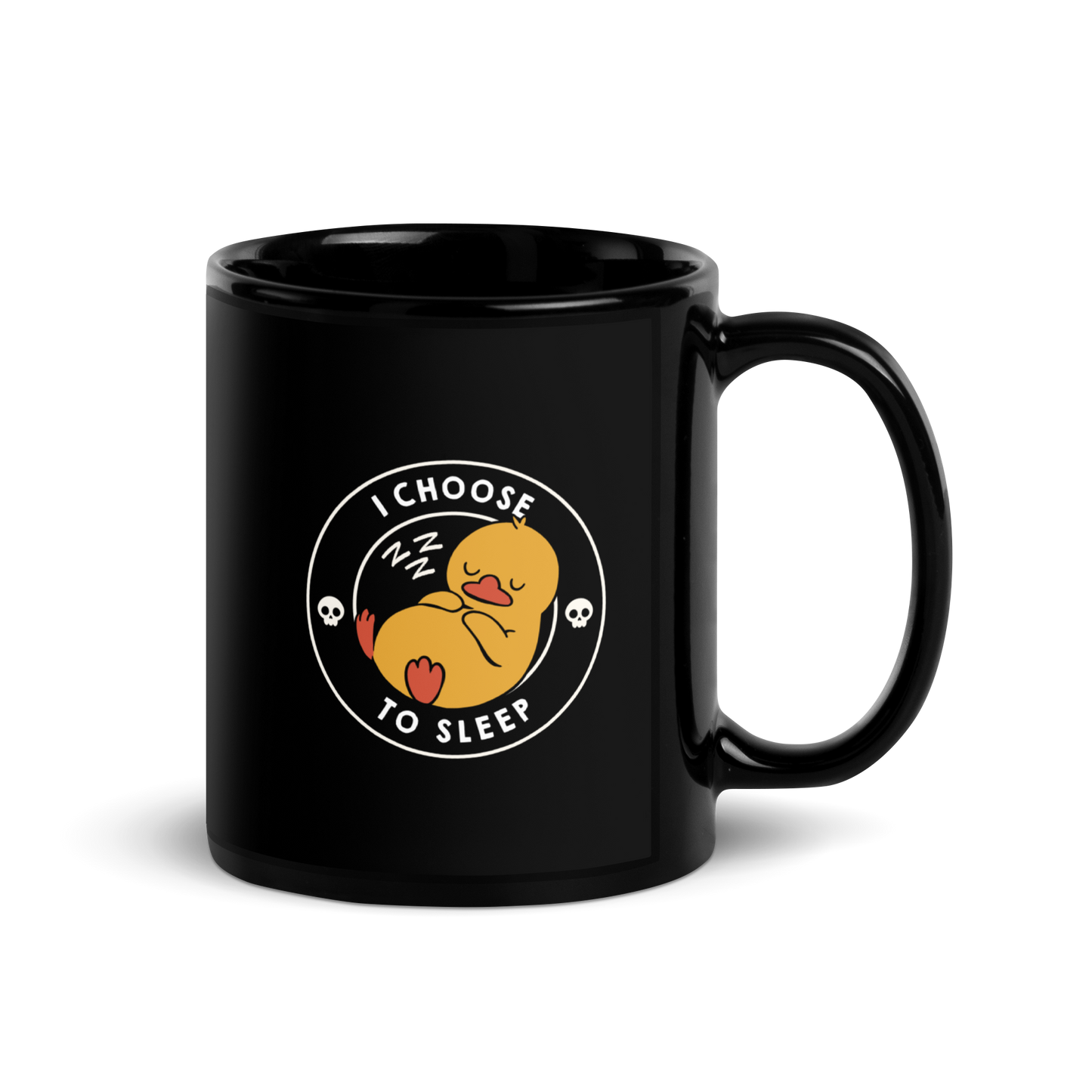 A cute, cartoonish yellow duck is peacefully sleeping with a contented expression. Its webbed feet and wings are tucked in. Around it, the words 'I Choose to Sleep' are inscribed in white letters. Two small skulls accompany this text, adding a humorous, edgy touch. The design is simple, charming, and playful, appealing to fans of ironic, whimsical art.