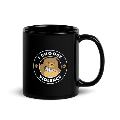 A cartoon-style image features a cute, determined-looking teddy bear holding a knife, with an expression of mischief. The bear is surrounded by the bold text 'I CHOOSE VIOLENCE' and accompanied by small skull icons on either side, adding a humorous and ironic twist to the design.