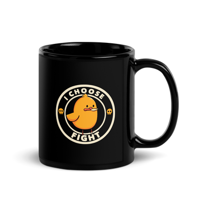 A cute, cartoonish yellow chick stands confidently with a determined look, holding a small knife in its beak. The text 'I CHOOSE FIGHT' encircles the chick, and two small skulls flank the image, adding a humorous, rebellious touch.