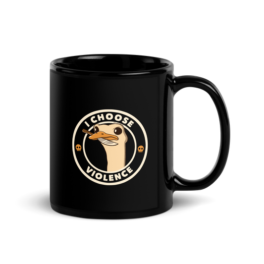 A cartoonish emu with large, expressive eyes holds a knife in its beak, suggesting a humorous and ironic menacing look. The image is framed by two circles, with the text 'I CHOOSE VIOLENCE' around the inner circle. Two small skull icons are placed on either side below the text.
