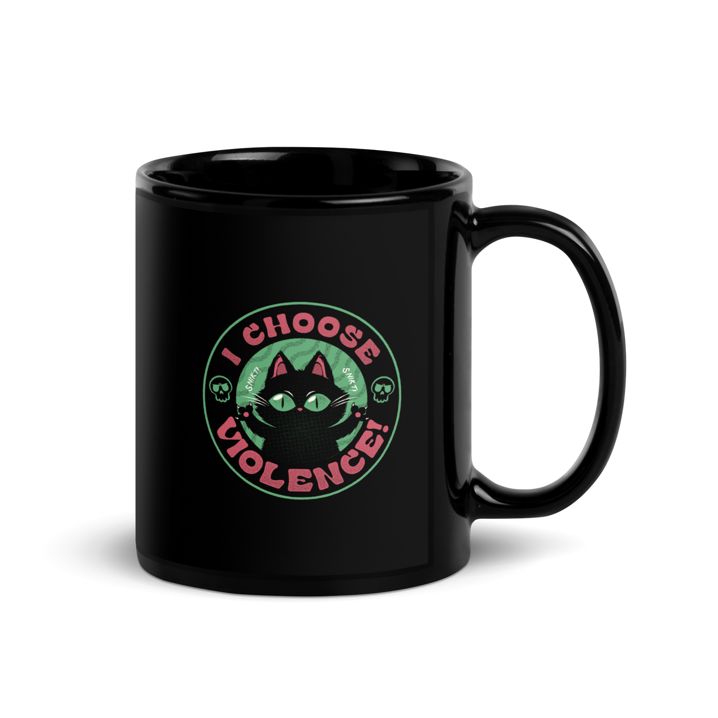 The image features a black cartoon-like cat with large, bright eyes and pointed ears, with a defiant look on its face. The cat is centered within a circular border. Surrounding the cat, the text reads 'I CHOOSE VIOLENCE!' in bold, playful font. There are also small skull illustrations flanking the cat on either side, adding a dark yet humorous tone to the design.