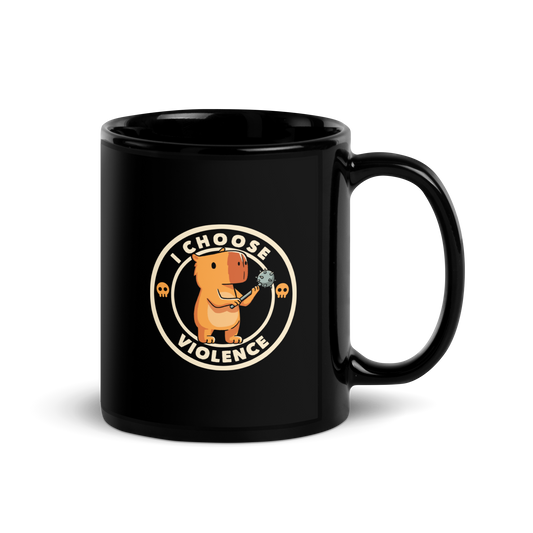 A cute, cartoonish burnt yellow capybara stands holding a spiked mace with a determined expression. Surrounding it is a circular design with the text 'I CHOOSE VIOLENCE' and two small skulls on either side, giving it a humorous yet ironic tone.