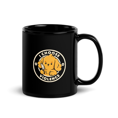 A cute yellow cartoon dog holds a small knife, surrounded by a circular logo that reads 'I Choose Violence'. The dog's expression is serious, yet the overall style is playful and cute. Two small skull icons are on either side, adding an ironic tone to the cheerful design.