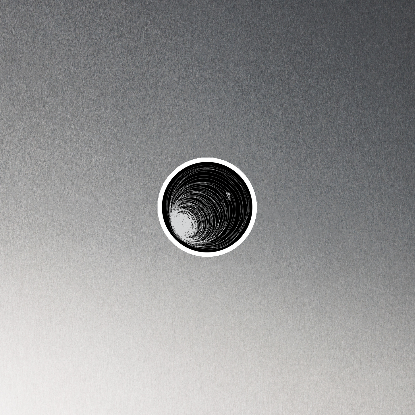 A big black hole with an astronaut floating around as if being sucked into it. A minimalist art perfect for those who love space.