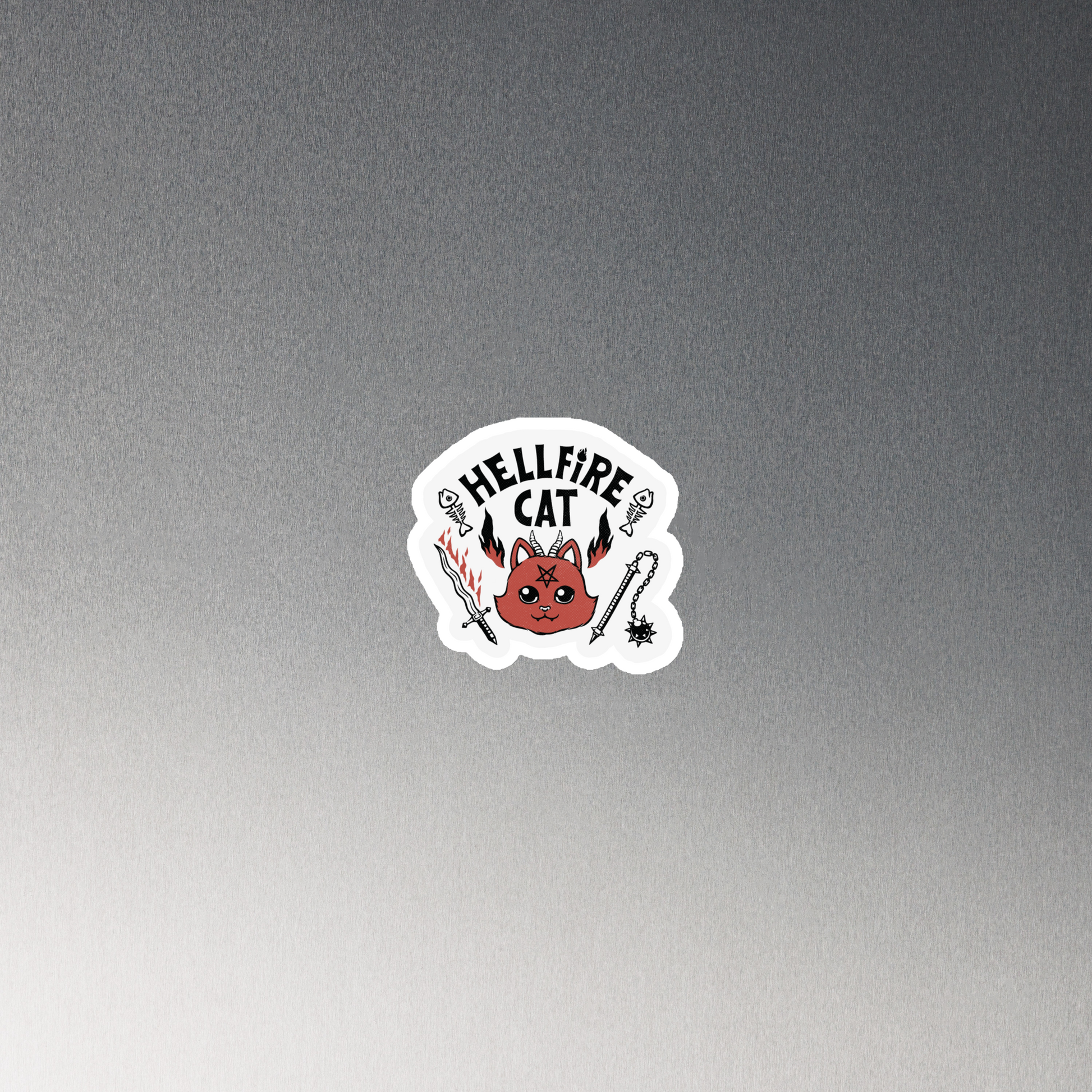 Vintage-style illustration of a cute red devil cat with small horns and a pentagram on its forehead, surrounded by flames, weapons, fish skeletons, and the bold phrase “Hellfire Cat” in a playful gothic design.