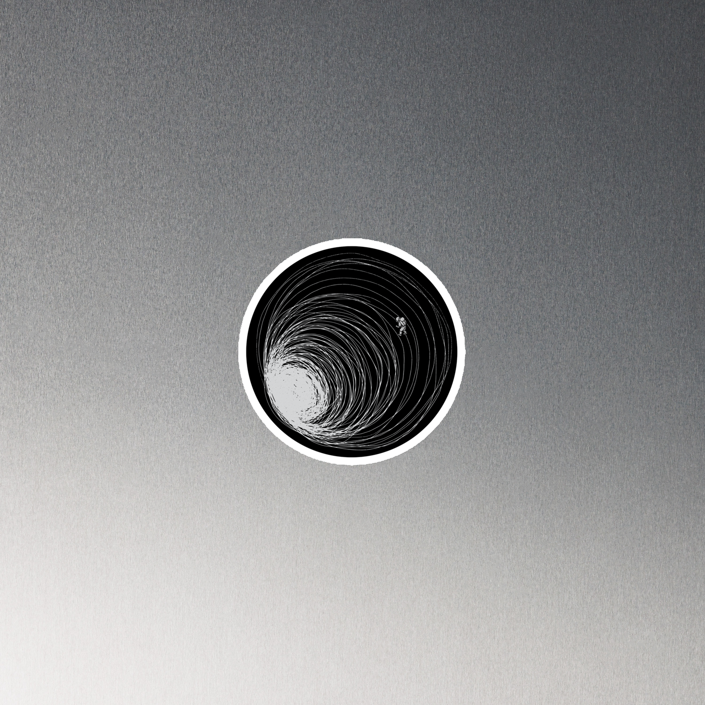 A big black hole with an astronaut floating around as if being sucked into it. A minimalist art perfect for those who love space.