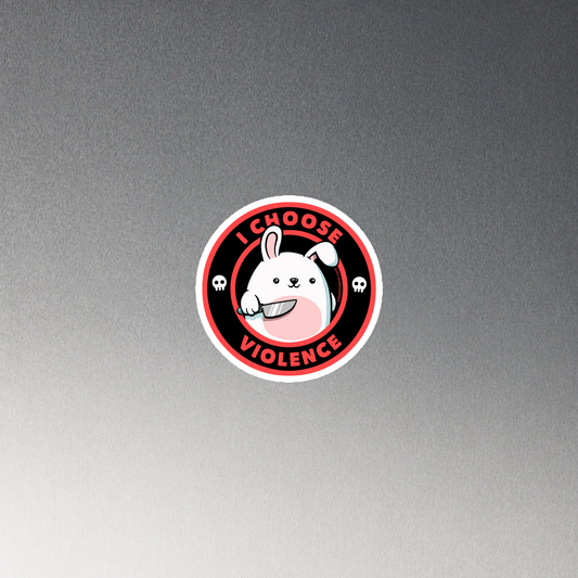 A cute white cartoon bunny with a pink belly stands holding a large kitchen knife in one paw. Surrounding the bunny is a red circular border with the words 'I CHOOSE VIOLENCE'. Small skull icons are on either side of the circle. The overall tone is a mix of adorable and ironic humor.