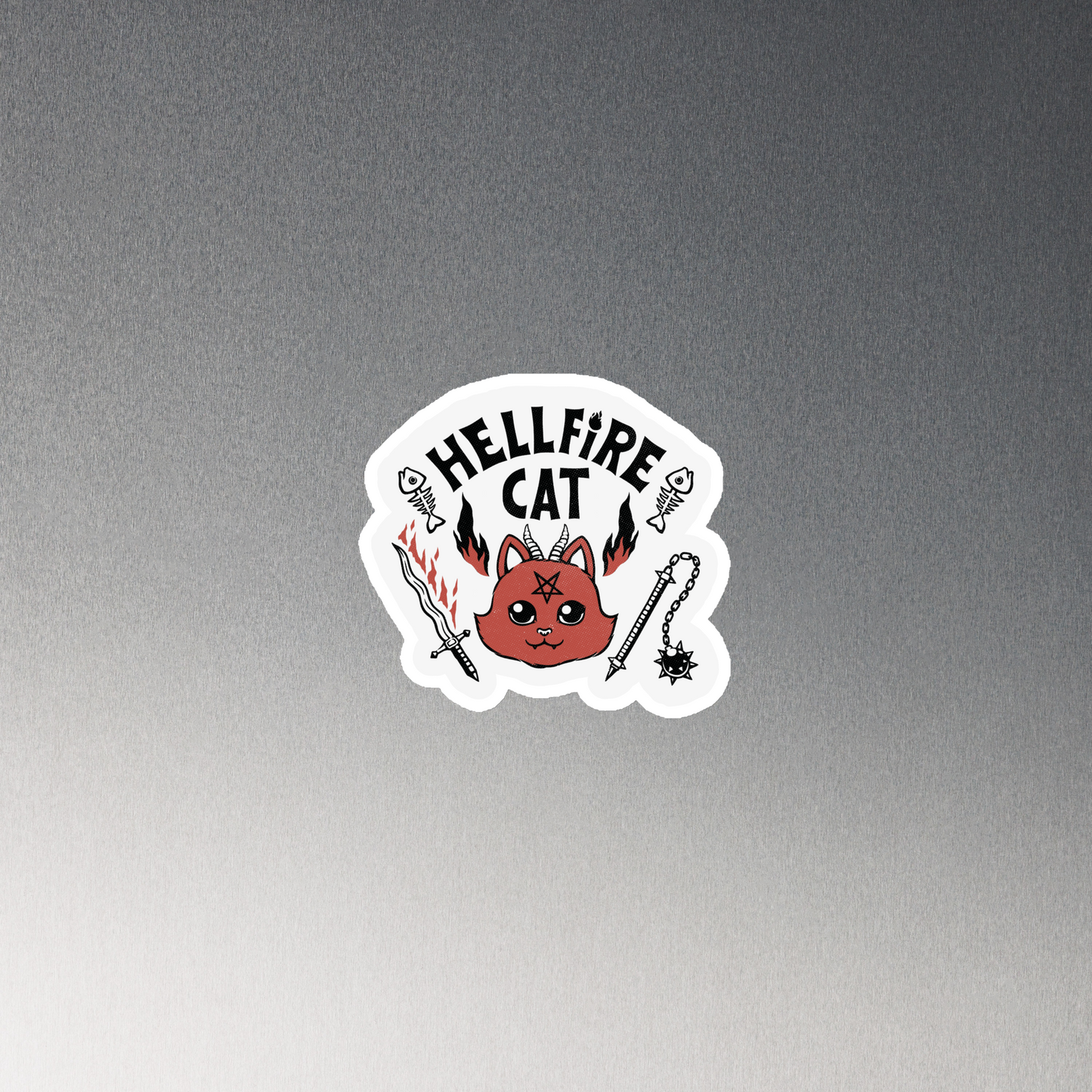 Vintage-style illustration of a cute red devil cat with small horns and a pentagram on its forehead, surrounded by flames, weapons, fish skeletons, and the bold phrase “Hellfire Cat” in a playful gothic design.