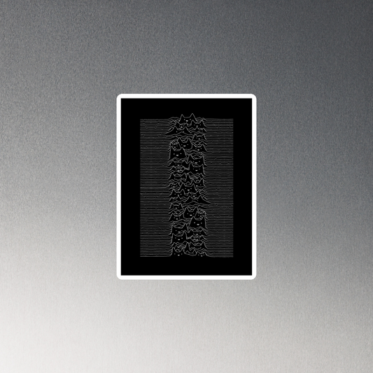 The drawing is a series of continuous wavy lines forming a pattern reminiscent of sound waves or topographic maps, but with an unexpected twist: the lines create the shapes of numerous cat faces stacked vertically. Each cat has simple, expressive features with pointed ears, adding a whimsical element to the otherwise structured pattern.