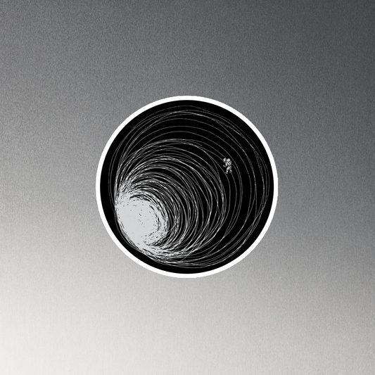 A big black hole with an astronaut floating around as if being sucked into it. A minimalist art perfect for those who love space.